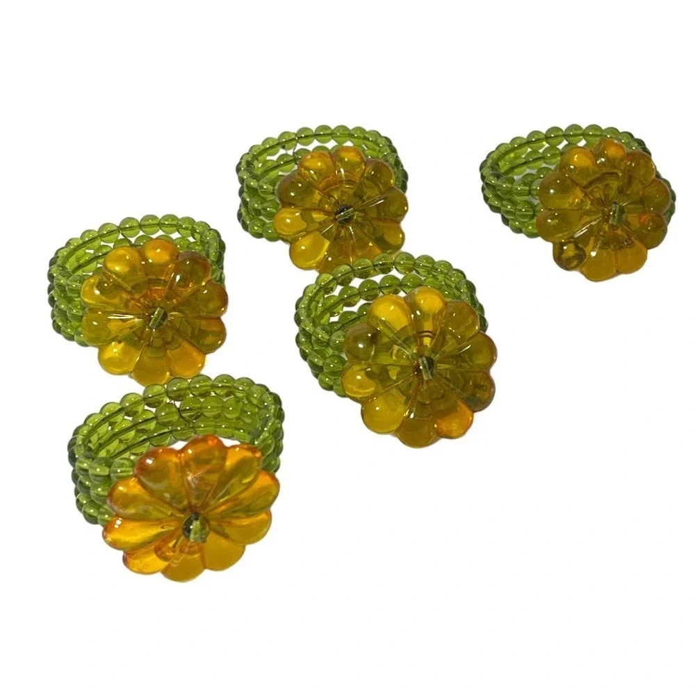 Glass Bead with Flower‎ Daisy Napkin Ring Lot of 5 Orange Green Boho Tablescape